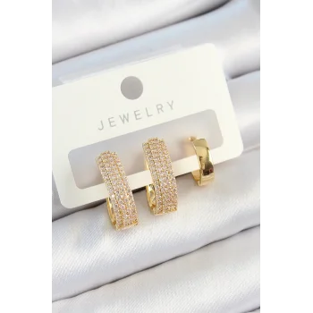 Pirinç Zirkon Taşlı Damla Model Gold Renk 3lü Çift Kadın Küpe Set