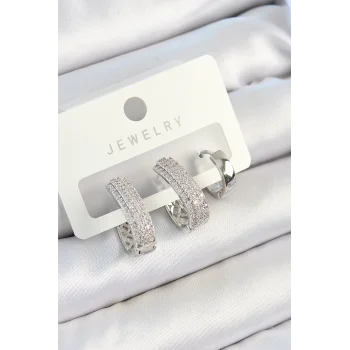 Pirinç Zirkon Taşlı Damla Model Gümüş Renk 3lü Çift Kadın Küpe Set