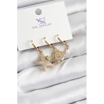 Pirinç Zİrkon Taşlı Deniz Yıldızı Ve İstiridye Model Gold Renk 3lü Kadın Küpe