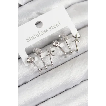 Pirinç Zirkon Taşlı Deniz Yıldızı ve İstiridye Model Gümüş Renk Kadın Küpe