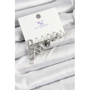 Pirinç Zİrkon Taşlı Dikdörtgen Model Gümüş Renk 3lü Çift Kadın Küpe