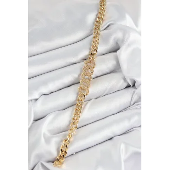 Pirinç Zirkon Taşlı Ezme Küba Zincir Model Gold Renk Kadın Bileklik