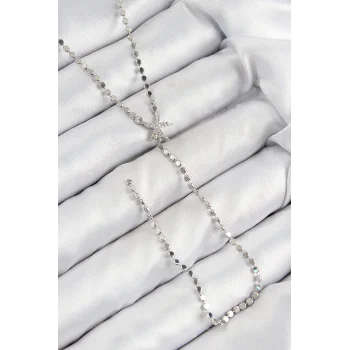 Pirinç Zirkon Taşlı Ezme Zincirli Deniz Yıldızı Model Gümüş Renk Y Kolye