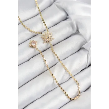 Pirinç Zirkon Taşlı Ezme Zincirli Kutup Yıldızı Model Gold Renk Y Kolye