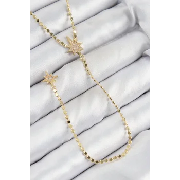 Pirinç Zirkon Taşlı Ezme Zincirli Kutup Yıldızı Model Gold Renk Y Kolye