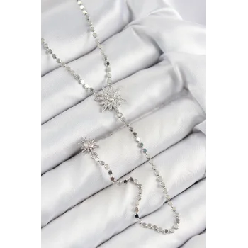 Pirinç Zirkon Taşlı Ezme Zincirli Kutup Yıldızı Model Gümüş Renk Y Kolye