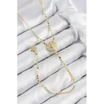 Pirinç Zirkon Taşlı Ezme Zincirli Madalyon Model Gold Renk Y Kolye