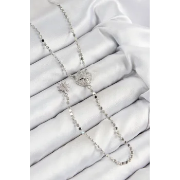 Pirinç Zirkon Taşlı Ezme Zincirli Madalyon Model Gümüş Renk Y Kolye