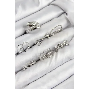 Pirinç Zirkon Taşlı Fiyonk Ve Kalp Model Gümüş Renk Kadın Yüzük Kombin Set
