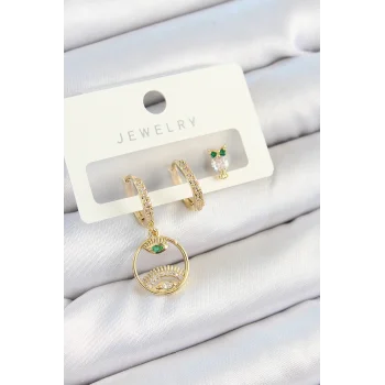 Pirinç Zirkon Taşlı Göz Ve Baykuş Model Gold Renk 3lü Çift Kadın Küpe Set