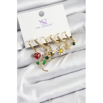 Pirinç Zİrkon Taşlı Gül Ve Papatya Model Gold Renk 3lü Çift Kadın Küpe