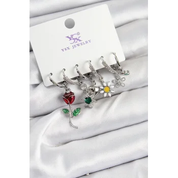 Pirinç Zİrkon Taşlı Gül Ve Papatya Model Gümüş Renk 3lü Çift Kadın Küpe