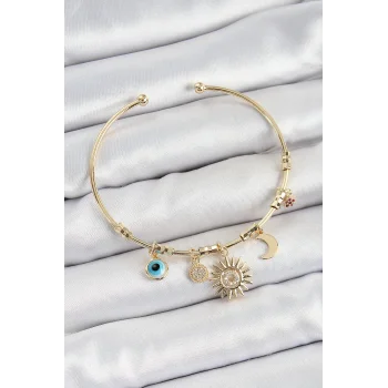 Pirinç Zirkon Taşlı Güneş Ay Nazar Model Gold Renk Charm Bileklik