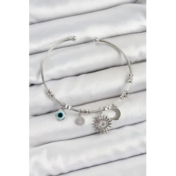Pirinç Zirkon Taşlı Güneş Ay Ve Nazar Model Gümüş Renk Charm Bileklik