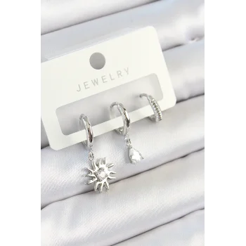 Pirinç Zirkon Taşlı Güneş Model Gümüş Renk 3lü Çift Kadın Küpe Set