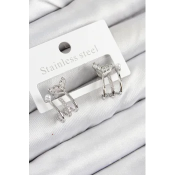 Pirinç Zirkon Taşlı İnci Detaylı Balık Kuyruğu Model Gümüş Renk Kadın Küpe