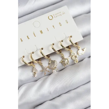 Pirinç Zirkon Taşlı İstiridye Balina Ve Yıldız Gold Renk 6lı Küpe Set