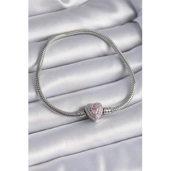 Pirinç Zirkon Taşlı Kalp Figür Charm Model Kadın Bileklik