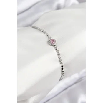 Pirinç Zirkon Taşlı Kalp Model Ezme Zincir Gümüş Renk Kadın Bileklik