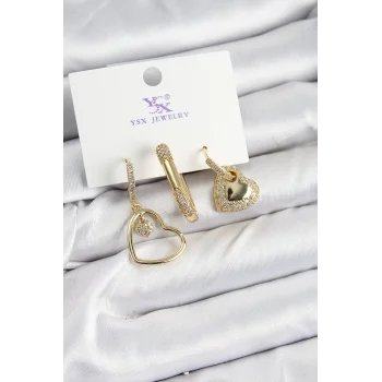 Pirinç Zİrkon Taşlı Kalp Model Gold Renk 3lü Kadın Küpe