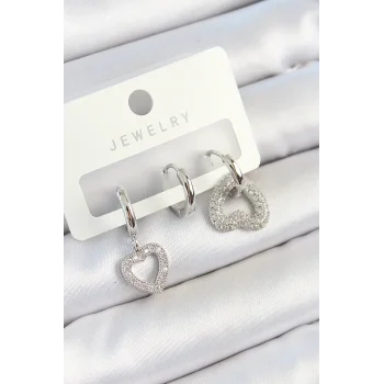 Pirinç Zirkon Taşlı Kalp Model Gümüş Renk 3lü Çift Kadın Küpe Set