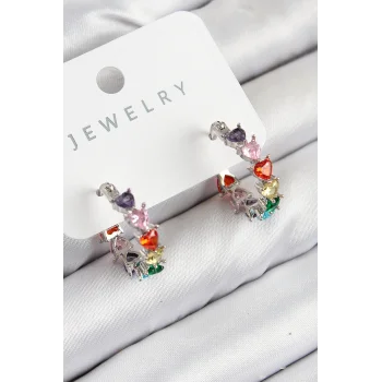 Pirinç Zirkon Taşlı Kalp Model Gümüş Renk Kadın Küpe