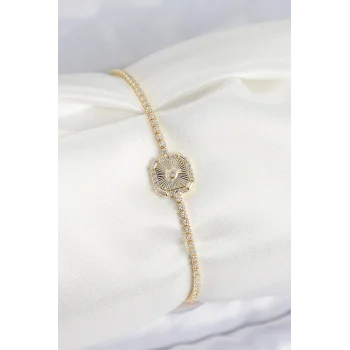 Pirinç Zirkon Taşlı Kare Model Gold Renk Kadın Bilekilk