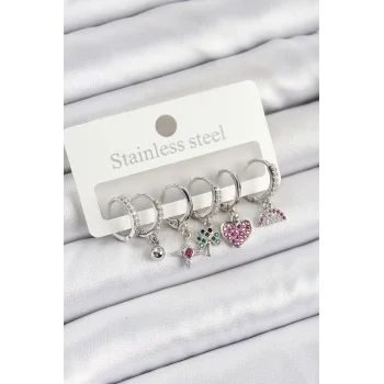 Pirinç Zirkon Taşlı Karpuz Yonca Kalp Pusula Karışık Model Gümüş Renk 6lı Set Kadın Küpe