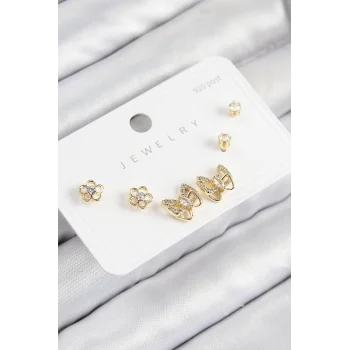 Pirinç Zirkon Taşlı Kelebek Model Gold Renk 925 Ayar Gümüş Çivi Kadın Küpe Set