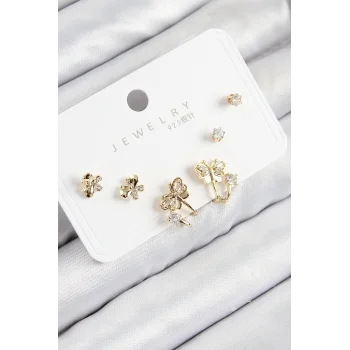 Pirinç Zirkon Taşlı Kelebek Model Gold Renk 925 Ayar Gümüş Çivi Kadın Küpe Set