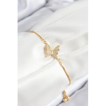 Pirinç Zirkon Taşlı Kelebek Model Gold Renk Asansörlü Kadın Bileklik