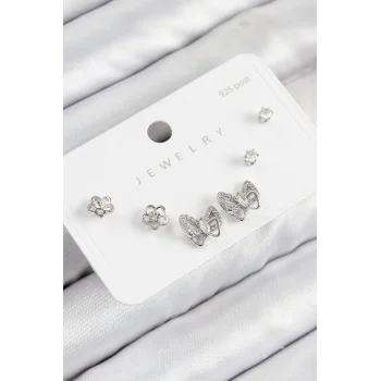 Pirinç Zirkon Taşlı Kelebek Model Gümüş Renk 925 Ayar Gümüş Çivi Kadın Küpe Set