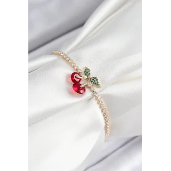Pirinç Zirkon Taşlı Kiraz Model Gold Renk Asansörlü Kadın Bileklik