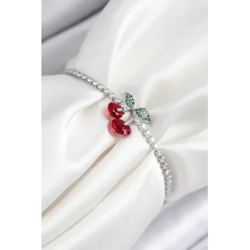 Pirinç Zirkon Taşlı Kiraz Model Gümüş Renk Asansörlü Kadın Bileklik