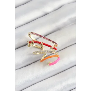 Pirinç Zirkon Taşlı Kırmızı Turuncu Pembe Sıkıştırma Sağ Kıkırdak Gold Renk Kadın Küpe