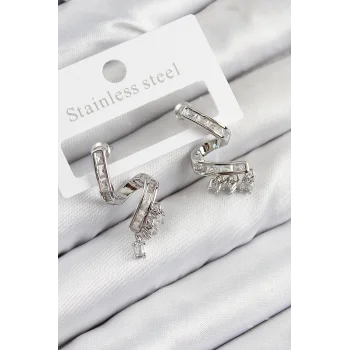 Pirinç Zirkon Taşlı Kıvrımlı Model Gümüş Renk Kadın Küpe