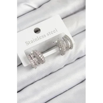 Pirinç Zirkon Taşlı Kıvrımlı Model Gümüş Renk Kadın Küpe