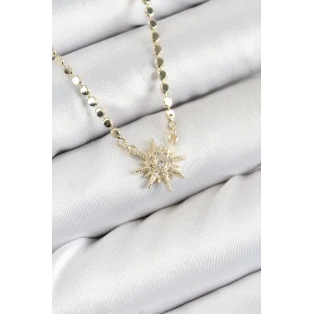 Pirinç Zirkon Taşlı Kutup Yıldızı Model Ezme Zincir Gold Renk Kadın Kolye