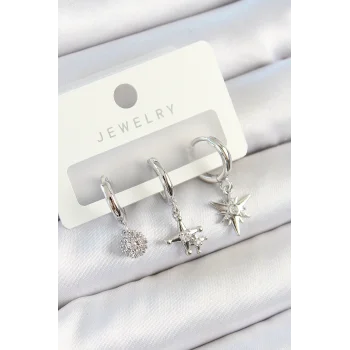 Pirinç Zirkon Taşlı Kutup Yıldızı Model Gümüş Renk 3lü Çift Kadın Küpe Set