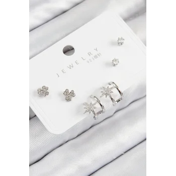 Pirinç Zirkon Taşlı Kutup Yıldızı Model Gümüş Renk 925 Ayar Gümüş Çivi Kadın Küpe Set