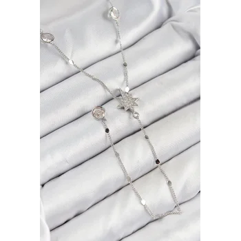 Pirinç Zirkon Taşlı Kutup Yıldızı Model Gümüş Renk Y Kolye