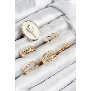 Pirinç Zirkon Taşlı Lale Model Gold Renk Kadın Yüzük Kombin Set