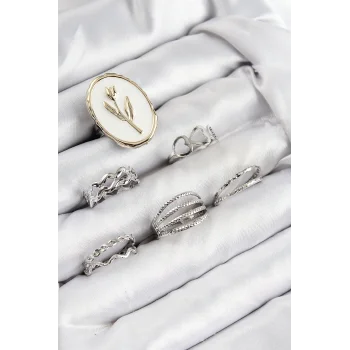 Pirinç Zirkon Taşlı Lale Model Gümüş Renk Kadın Yüzük Kombin Set