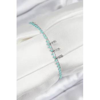 Pirinç Zirkon Taşlı Mavi Boncuklu Model Gümüş Renk Kadın Bileklik