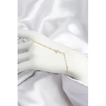 Pirinç Zirkon Taşlı Mavi Boncuklu Yonca Model Gold Renk Şahmeran