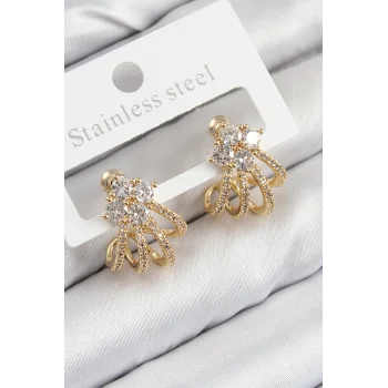Pirinç Zirkon Taşlı Model Gold Renk Kadın Küpe