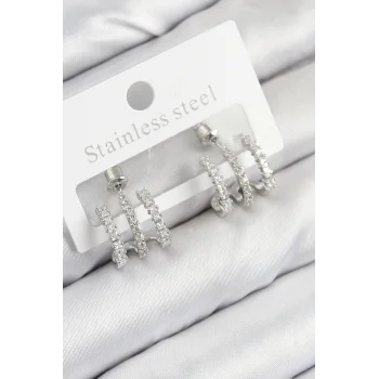 Pirinç Zirkon Taşlı Model Gümüş Renk Kadın Küpe