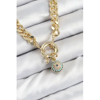 Pirinç Zirkon Taşlı Nazar Boncuk Detaylı Klasik Zincir Model Gold Renk Kadın Kolye