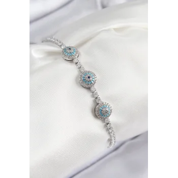 Pirinç Zirkon Taşlı Nazar Model Gümüş Renk Kadın Bileklik