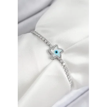 Pirinç Zirkon Taşlı Nazar Yıldız Model Gümüş Renk Asansörlü Kadın Bileklik